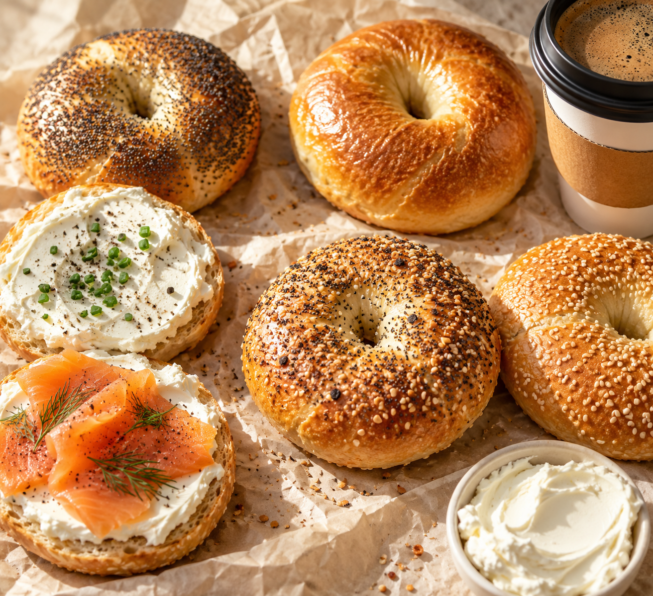Freshly baked golden bagels on bakery paper beside a takeaway coffee