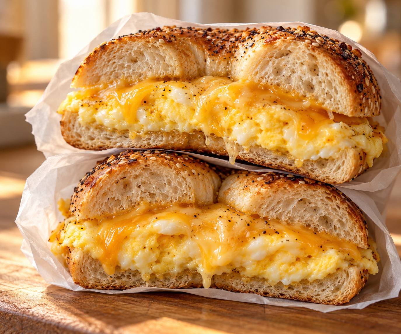Toasted breakfast sandwich with egg and melted cheese on a golden bagel